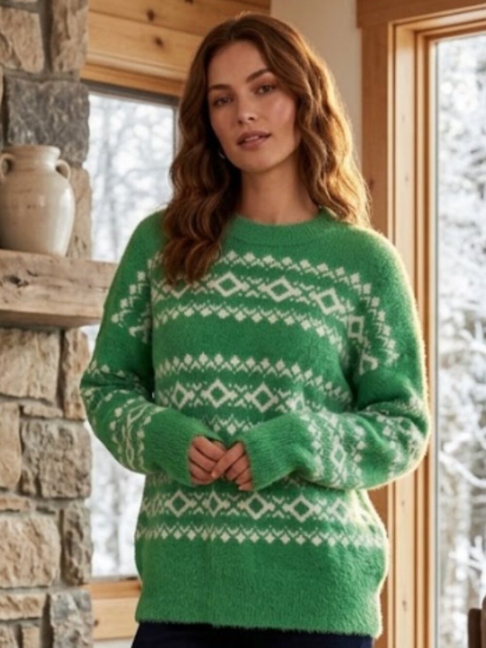 NWOT Aerie Flurry Oversized Crew Neck Green White Sweater